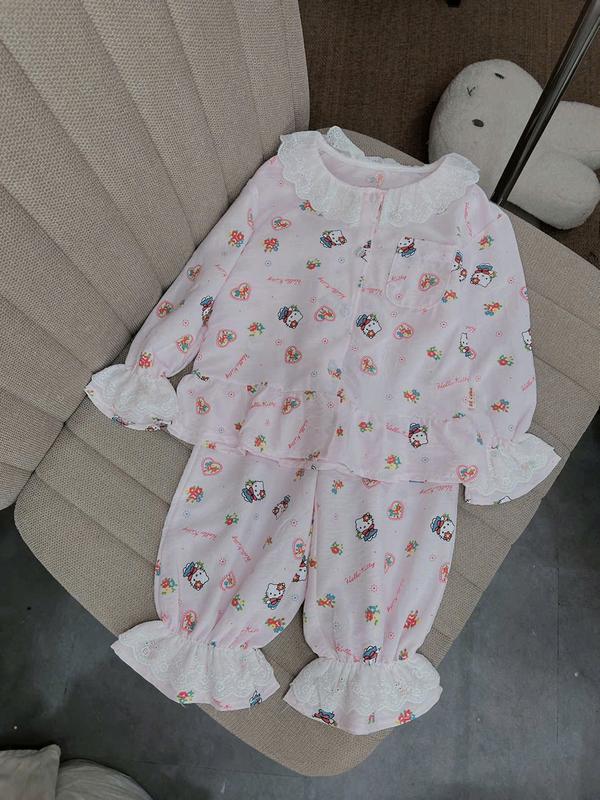  Set Pijama Tay Dài 3 Màu Cổ Ren Kèm Quần Dài Bo Ren 71C Dành Cho Bé Gái 