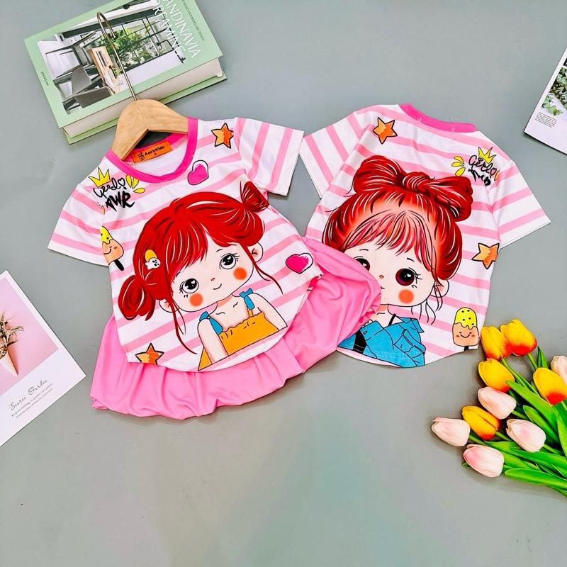 10-45kg SET ÁO VÀ CHÂN VÁY BÍ kèm quần chip. Chất thun lạnh in hoạ tiết hoạt hình xinh xắn dễ thương cho bé gái mặc nhà đi học đi chơi thoải mái Voi bộ dài bộ dài