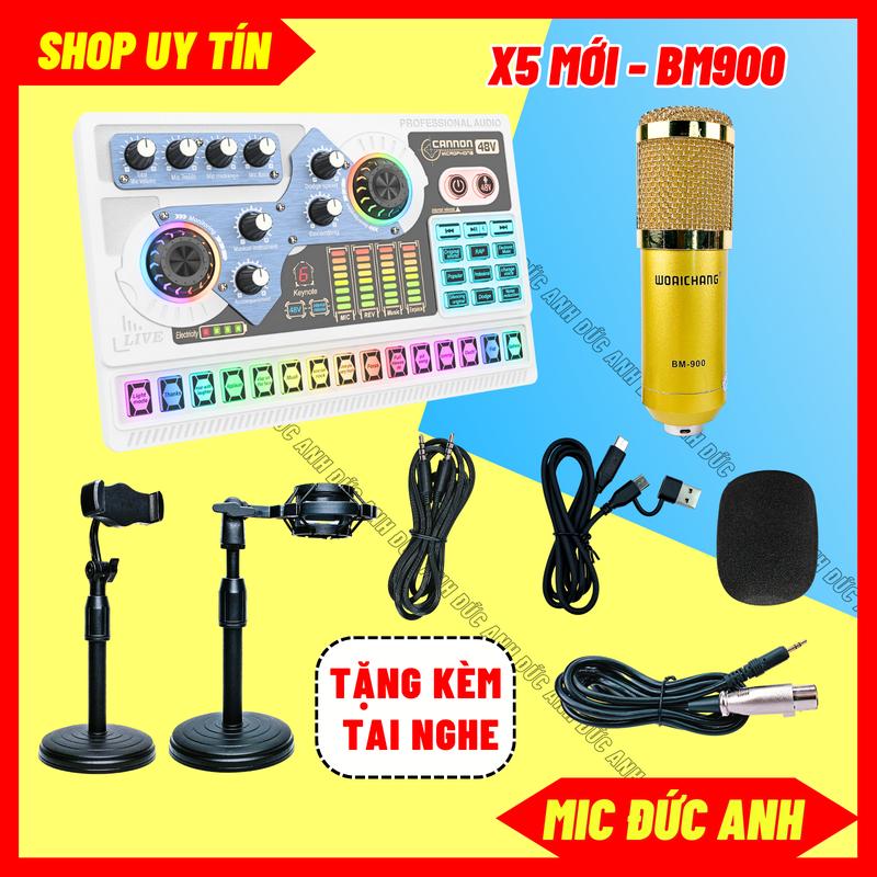 Bộ Mic Thu Âm Micro Livestream BM900 Sound Card X5 Đời Mới Dùng Được Cho Mic 5V Và Micro 48V Chất Âm Dày Tai Nghe Tặng Kèm