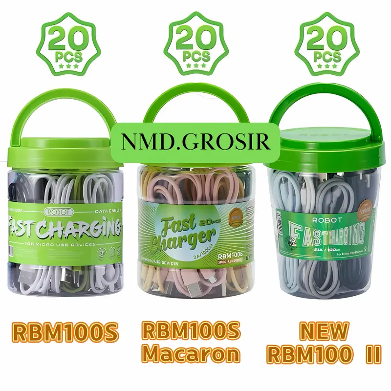 KABEL DATA MICRO ROBOT RBM100S (1TOPLES isi 15 PCS/ISI 20 PCS) KABEL DATA MICRO 100CM 2A TERMURAH DAN TERLARIS SE NUSANTARA Lentur Panjang PUTIH BIRU  Hijau Hitam 1
