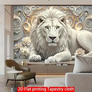 White Lion Art Tapestry, Polyester Material, Wall Hanging, Suitable for Living Room and Party Decoration, Unique Gift Option, Party Wall Decoration, Luxurious Decoration Item, Lion Wall Decoration