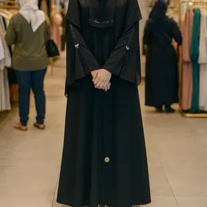 Abaya outer anaya full resleting depan Muslim Hitam Wanita Syari