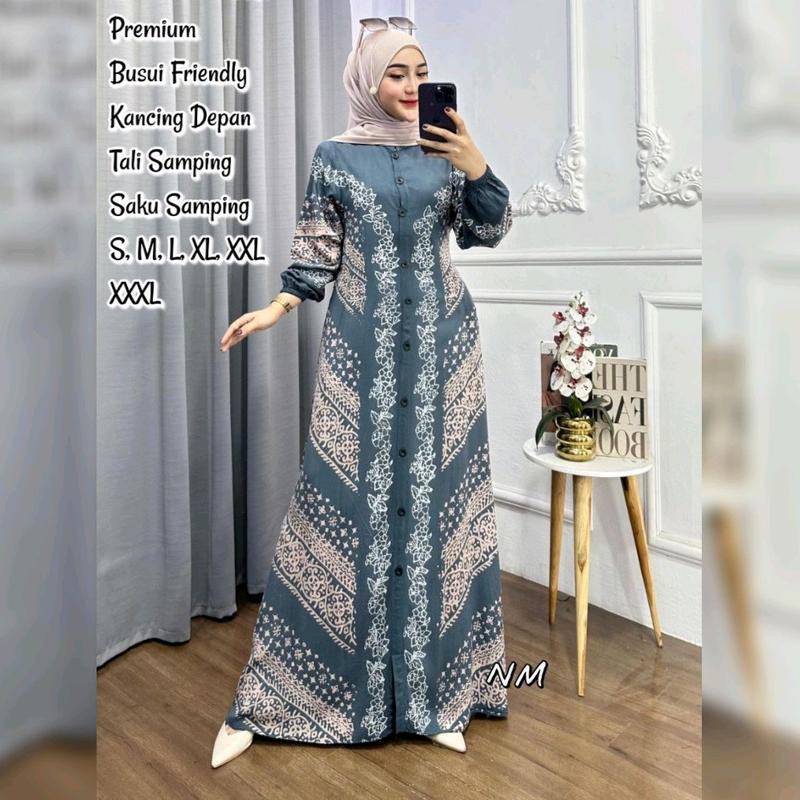 Gamis Twill Ori Muslim Premium Pekalongan Lengan Panjang Model Kancing Depan Busui Friendly Dress Batik Wanita Dewasa Modern Murah Tali Samping 6