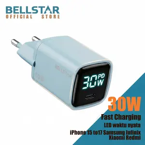 BELLSTAR Adaptor Charger Type C Fast Charging PD 30W Biru Charger iPhone for iPhone 15 Samsung infinix xiaomi redmi Electroplating digital display Kepala Charger