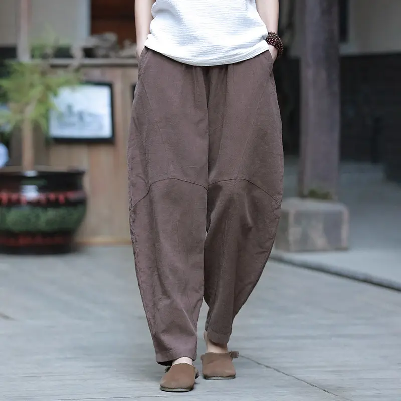 Quần Yoga Ramie Retro Cho Nữ, Phong Cách Trung Quốc Mới, Khâu Cỡ Lớn, Màu Trơn, Thiền, Mùa Thu
