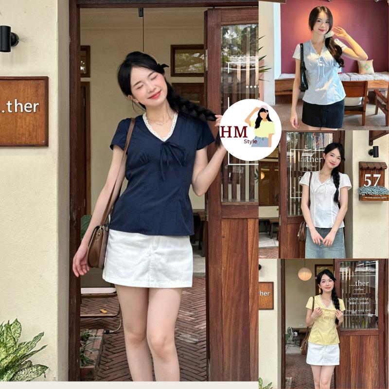 Áo Cổ Tim Nữ Phối Ren Thắt Nơ Ngực Dây Buộc Sau Lưng Freesize Áo Kiểu Mùa Hè Năng Động HA202