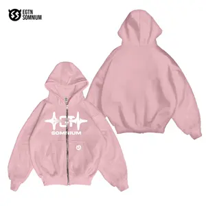 Hoodie Boxy Zipper Unisex Warna Pink EGTN Somnium Bahan Fleece Tebal - Santai, Jumper Bulu Lembut