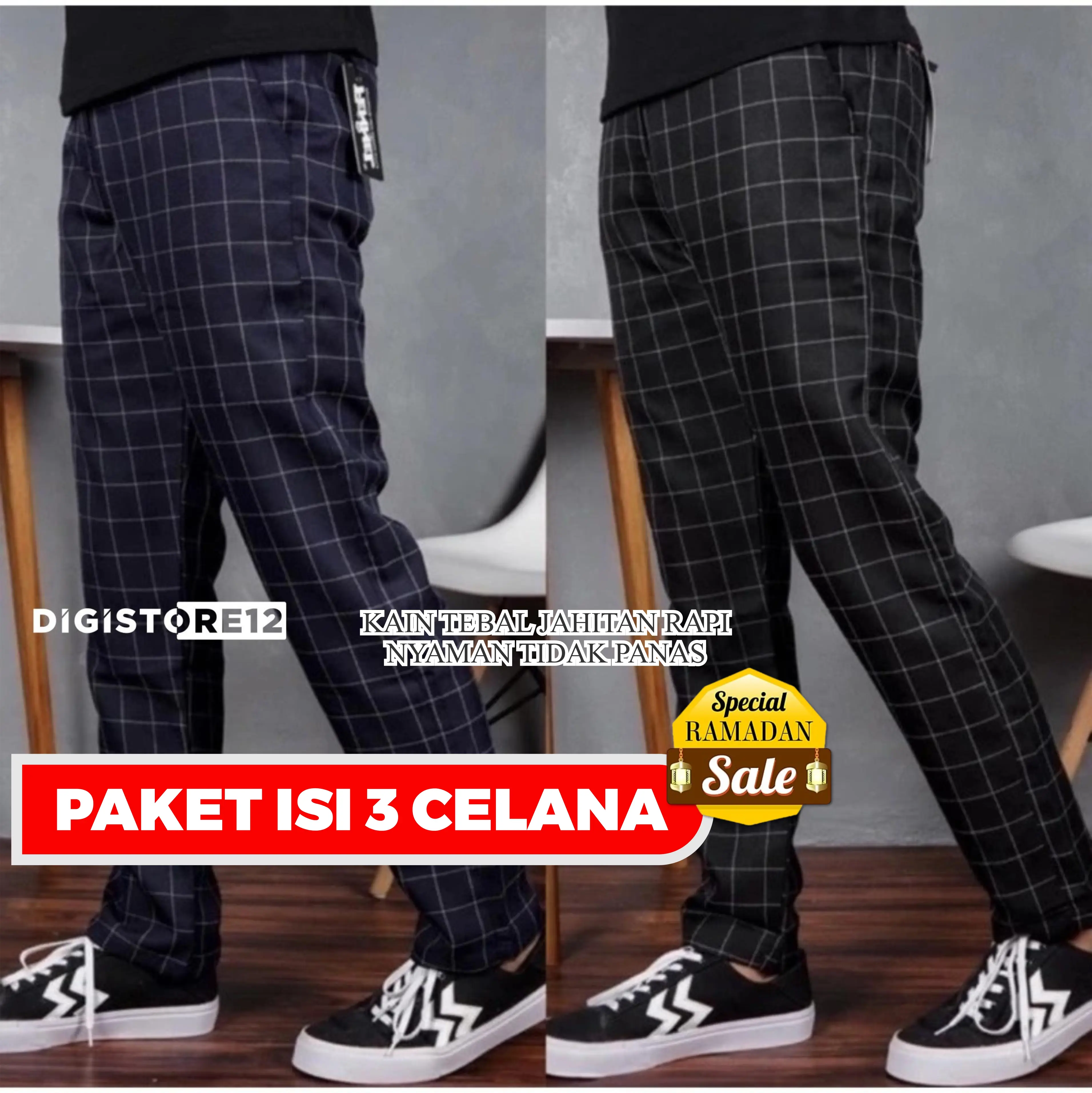 CELANA Tartan PANJANG Katun Distro geometric || BISA UNTUK Dewasa Cowok PRIA DAN WANITA MAX BB 65kg || CELANA PANJANG Chino SANTAI motif Kotak Hitam Pendek