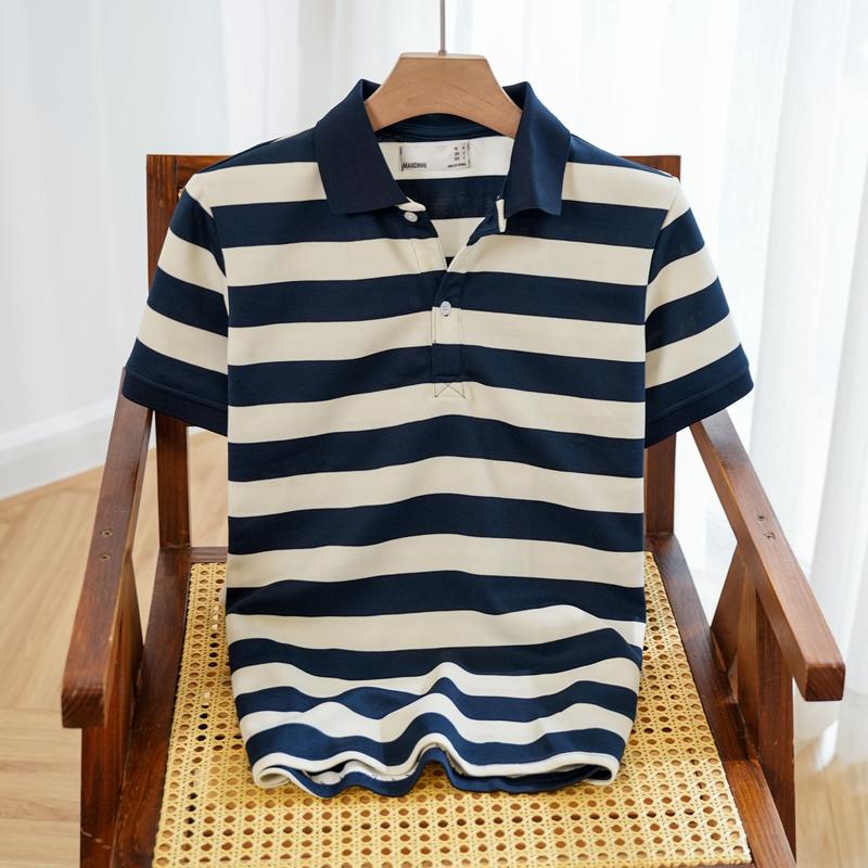  Áo thun polo nam  MANSALOR kẽ sọc xanh navy sọc kem vải cotton Pique cao cấp chuẩn form năng động - MANDINNI menwear Có Cổ Menswear Shirt 