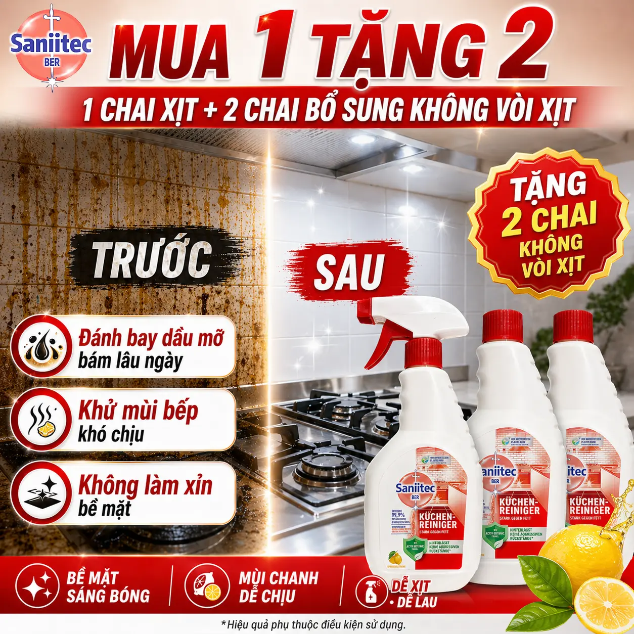 【MUA 1 TẶNG 2】 3 chai kèm 1 đầu xịt Nước Rửa Bếp Saniitec 500ml Diệt 99.9% Vi Khuẩn - Khử Dầu Mỡ Cứng Đầu & Mùi Hôi Hiệu Quả | Không Cặn, An Toàn Da Tay | Công Nghệ Đức - Chuyên Dụng Cho Bếp Gia Đình