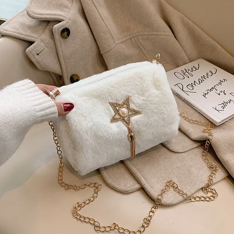 Texture bag for girls, fashionable and versatile single shoulder bag, chain plush crossbody bag