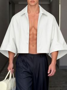 INCERUN camisa para hombre de color sólido con solapa y manga 3/4, corte holgado casual, ropa urbana estilo coreano, tops cortos para hombre, camisas