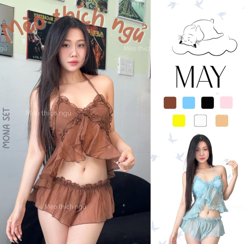MONA SET - Đồ ngủ mặc nhà cổ yếm tôn dáng chất liệu mềm mại thoải mái - May Mèo Thích Ngủ - N33