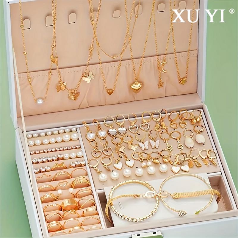 Bộ Trang Sức, XUYI COD, Thanh Lịch, 115 Chiếc, Dành Cho Nữ, Vòng Cổ Hình Trái Tim Và Bướm Sang Trọng, Đinh Tán Ngọc Trai Giả Zirconia, Vòng Tay Và Nhẫn, Hoàn Hảo Cho Trang Phục Thường Ngày Và Tiệc Tùng, Không Bao Gồm Hộp