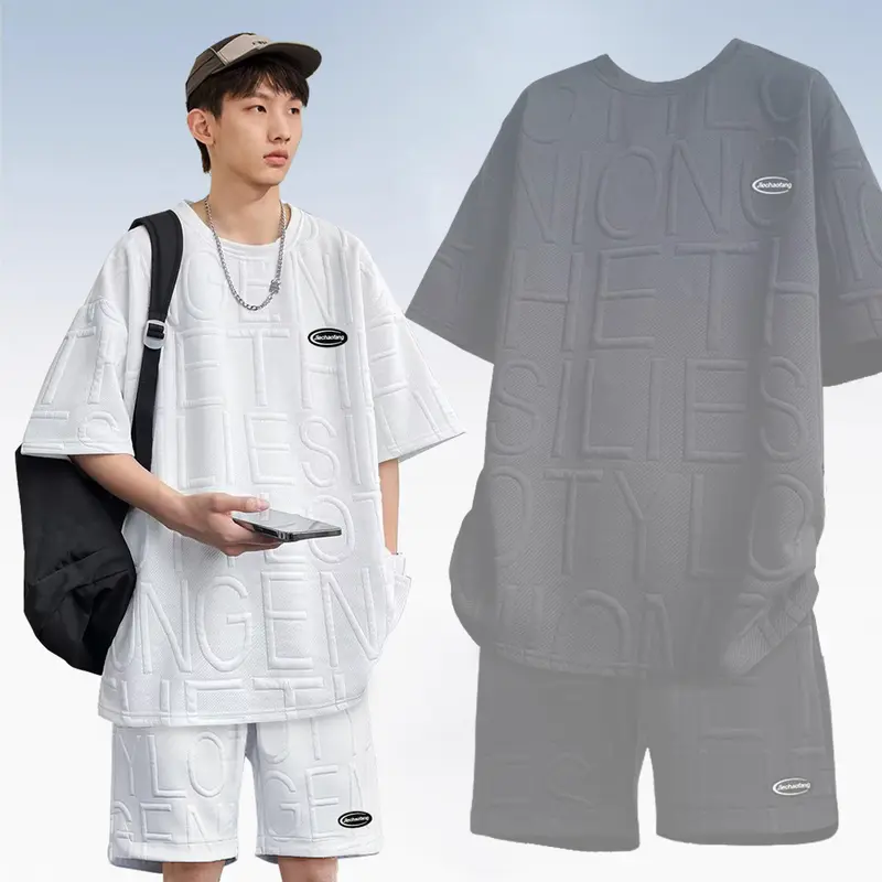 (New promo)Baju setelan pria jumbo Jacquard Kaos Oversize dan Celana Pendek Pria Katun Distro Cowok Dewasa Hitam Combed Polos, Keren Atasan Putih Panjang Polyester Summer Sets setelan starboy Casual Jeans 0