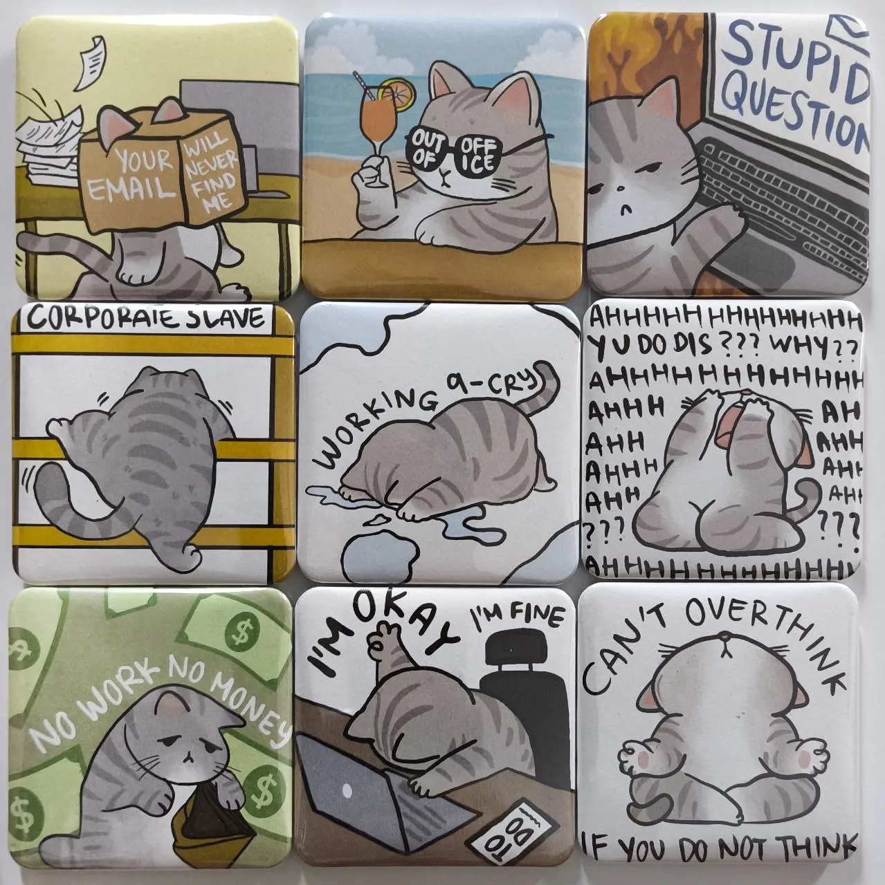 Relatable Corporate Cat Magnets and Badges