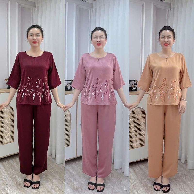 Set Trung Niên Thiết Kế Sang Trọng Lụa Ruby Mịn Mát Dày Dặn Hoa Thêu Nổi Cổ Tròn Kết Ngọc Có Size Bigsize Nữ Thun Áo bộ trung niên cho mẹ bộ lụa trung niên cho mẹ đồ bộ nữ cho mẹ u50 set đồ trung niên sang chảnh đồ bộ cho người lớn tuổi 60