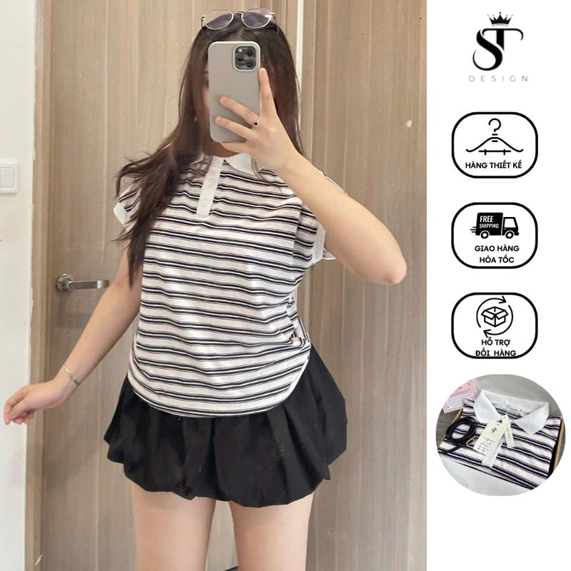 Set Đồ thể thao Áo Polo kẻ trend + chân váy bí phồng cao cấp tặng kèm thắt lưng - ST DESIGN - B04