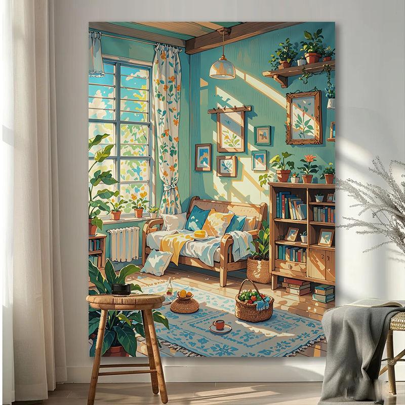 Vải nền hoa phong cảnh cửa sổ, phong cách Instagram, màu ấm, vải treo, thích hợp cho phòng, phòng ngủ, ký túc xá, phòng Khách, vải treo tường trang trí Studio 7