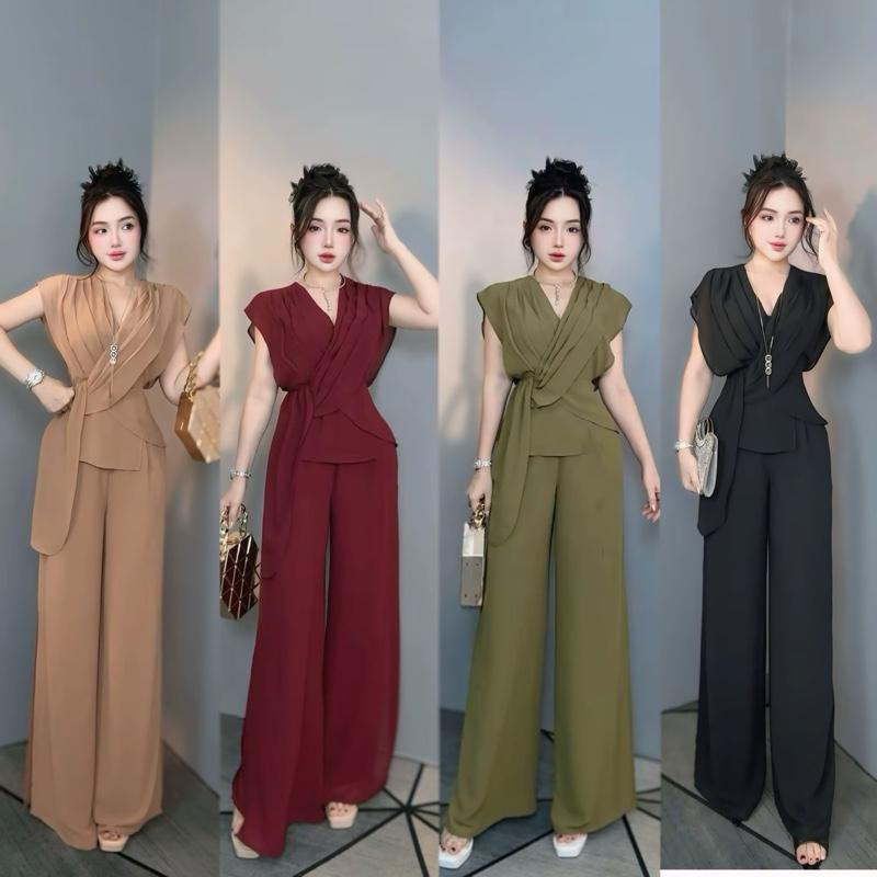  Bộ voan áo cổ tim đắp chéo + quần suông xẻ Ngọc dung store. Giành cho nữ đi chơi  công sở  du lịch 