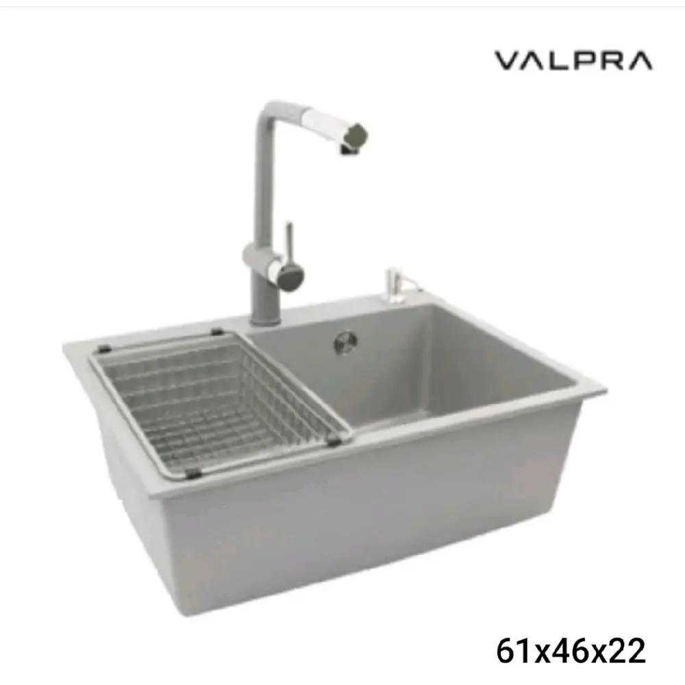 Valpra Wastafel Granite Grey 61 x 46 Komplit Free Keran Keranjang Saringan Tempat Sabun Stop Kran Anti Karat Tebal