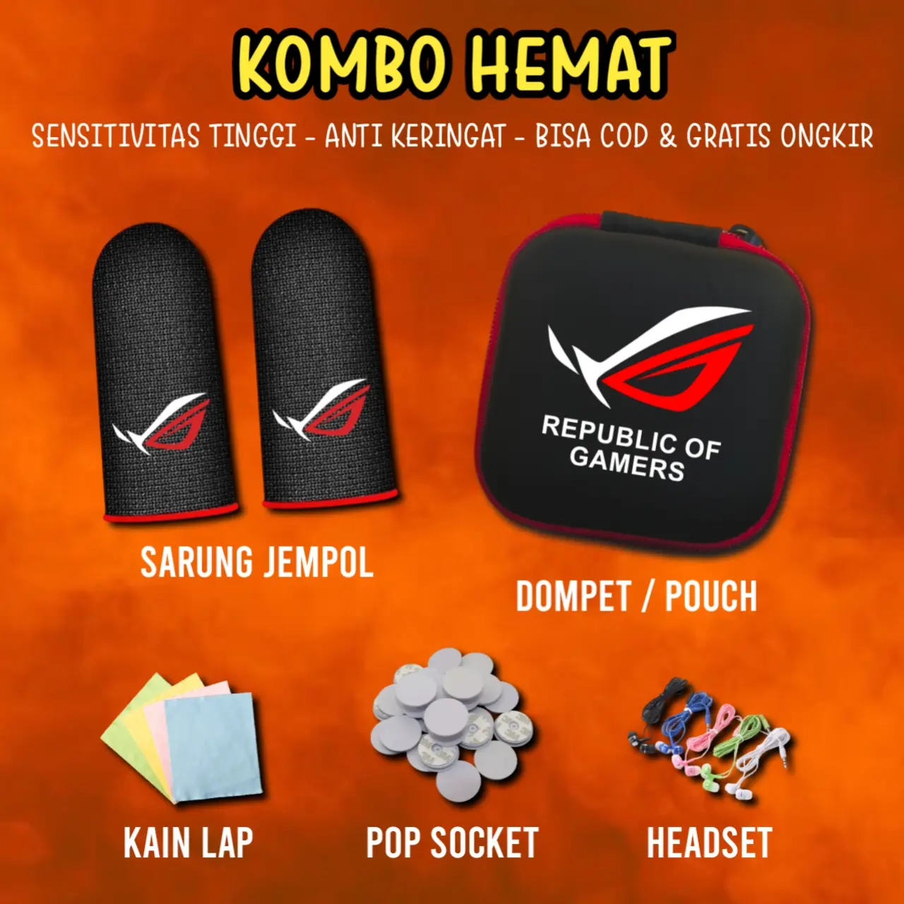 PAKET ROG | SARUNG JEMPOL GAMING + DOMPET POUCH ROG ESPORTS JARI TANGAN GAME FF PUBG ML SEPASANG ISI 2 PCS ANTI BASAH / KERINGAT