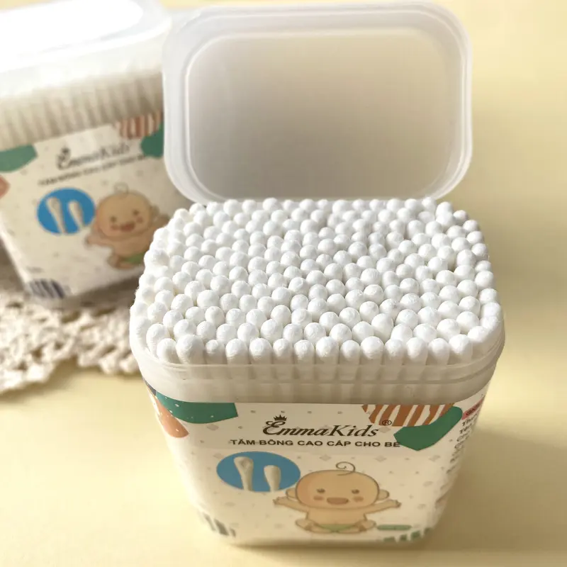 Tăm Bông Cao Cấp Cho Bé Emmakids 2 Đầu Tiện Lợi - Hộp 200 Que và 400 Quen Thân Giấy An Toàn Cho Bé 8