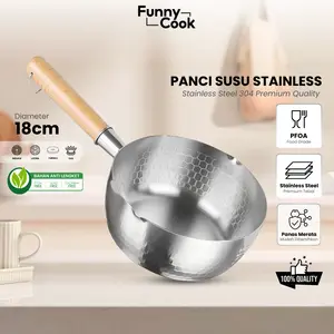 Funnycook Panci Mie Stainless 18cm 304 Food Grade Quality Gagang Kayu Asli 18cm Kitchenware