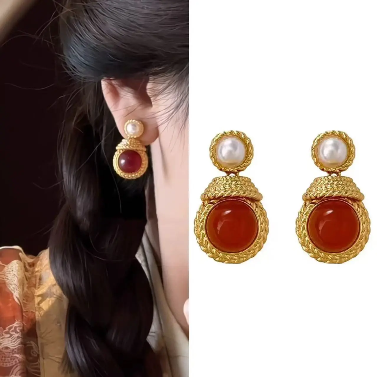 Vintage red pearl earrings, delicate temperament, high-end court style earrings
