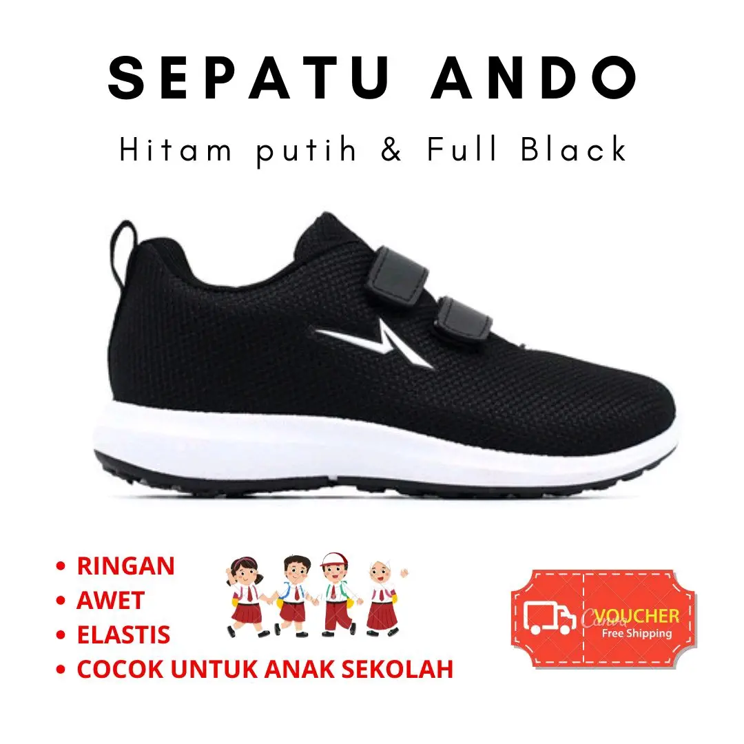Sepatu Sekolah Anak Laki Laki dan Perempuan ANDO Perekat TK dan SD Model Terbaru