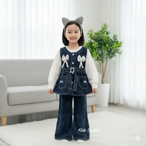 KidsCenter - Setelan Jeans 3in1 Kamima Mix Spandex Tangan Brukat Anak Perempuan Usia 3 - 12 Tahun / Set Jeans Celana Kulot Renda - Baju Setelan Viral Model Korean Style