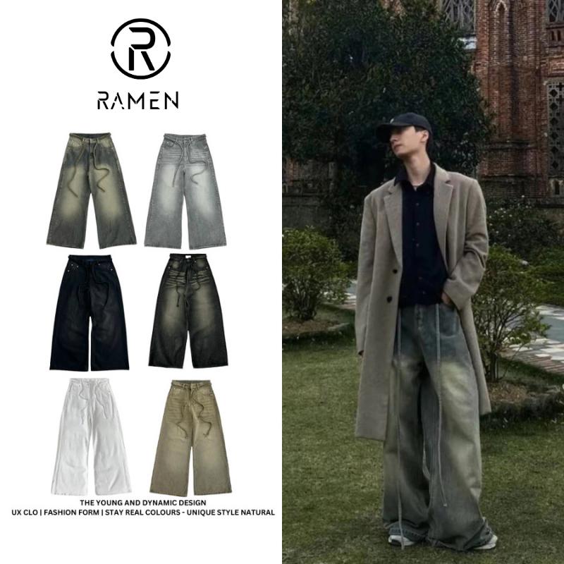 [DEAL MỞ BÁN] GRIND LOOSE PLEAT - Quần Jean Ống Rộng Nam Nữ Ramen Phối Dây Grind Wash Màu Retro Hottrend