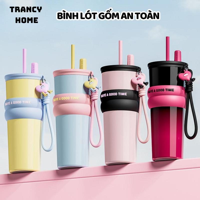  <Tặng Túi Giữ Nhiệt > Ly giữ nhiệt Happy Chain 700ml lót gốm cốc giữ nhiệt có quai xách ống hút tiện lợi mang đi 