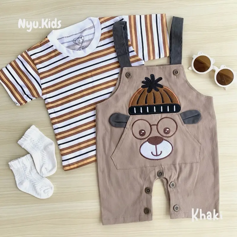 Nyukids - Overall SET Glasses Bear 5bulan - 18bulan / One Set Setelan / Baju Bayi Cowok/ Bahan Adem dan Nyaman 2