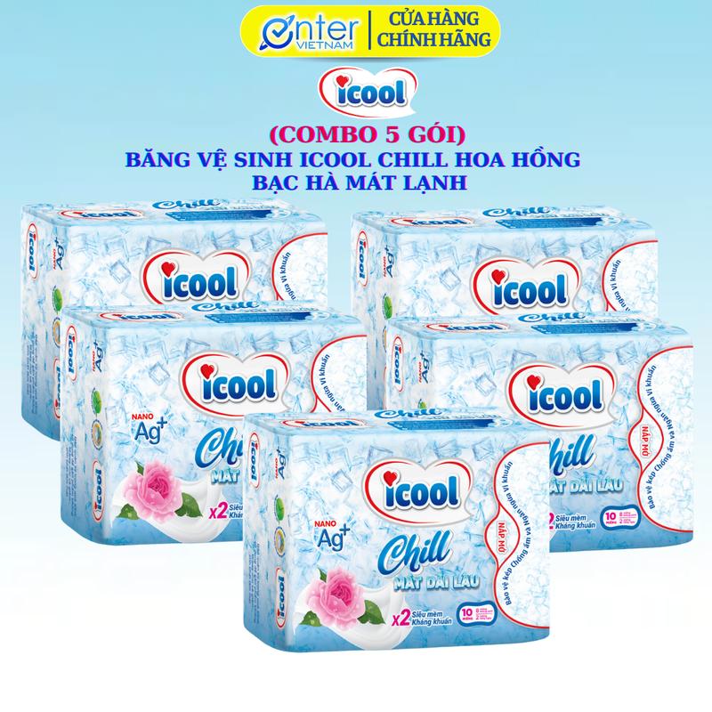 (Combo 5 gói) Băng Vệ Sinh ICOOL CHILL Hoa Hồng 10 Miếng SIÊU MỎNG - BVS Ban Ngày Có Cánh Mặt Vải Nhung Mềm Mại Hương Bạc Hà Mát Lạnh, kháng khuẩn, khử mùi hương thơm dịu nhẹ Nữ Tampon Women