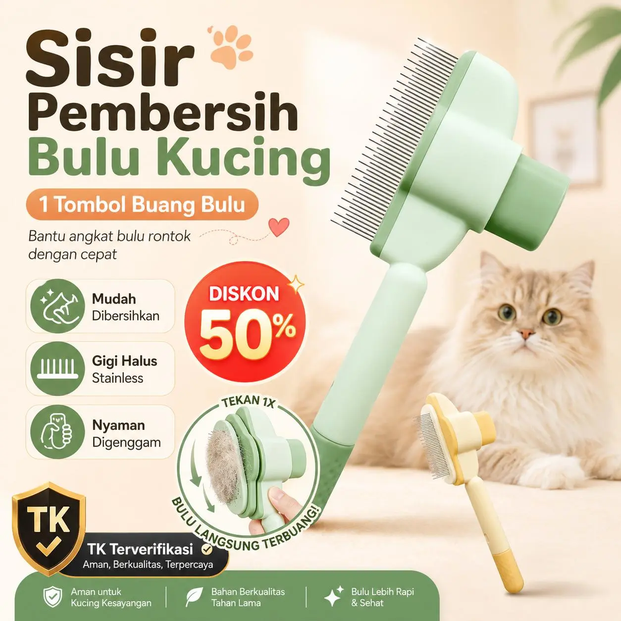 Sikat Bulu Hewan Anjing & Kucing｜Mudah Dibersihkan, Pegangan Nyaman, Bulu Rontok Terangkat---DYH