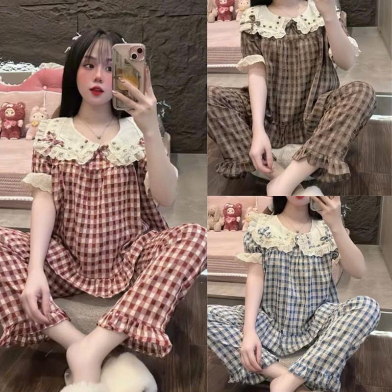 Set Bộ Dài Tiểu Thư Chất Đũi Vân Nhung Set Bộ Kẻ Caro Đồ Bộ Nữ Mặc Nhà Bigsize Ngủ Dễ Thương MS491 Top Women