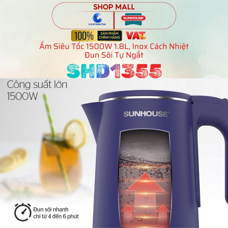 Ấm Siêu Tốc Sunhouse SHD1355 1500W 1.8L Inox 2 Lớp, Dễ Vệ Sinh, An Toàn