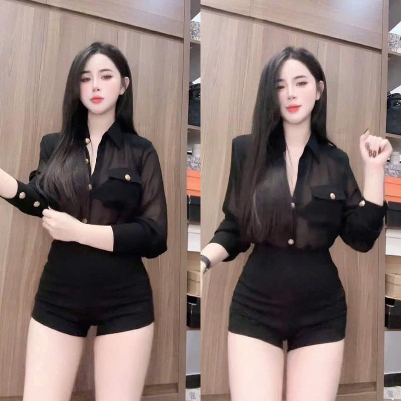  Áo sơ mi Chiffon túi hộp nút vàng 48-65kg Mỏng 1 lớp không đệm vai SANTRANHOUSE Set đồ nữ 