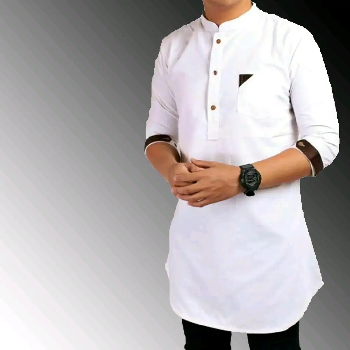Baju Koko Kurta Pakistan Lis Hedlong Muslim Pria Dewasa Atasan Katun Panjang 3/4 Hitam Putih
