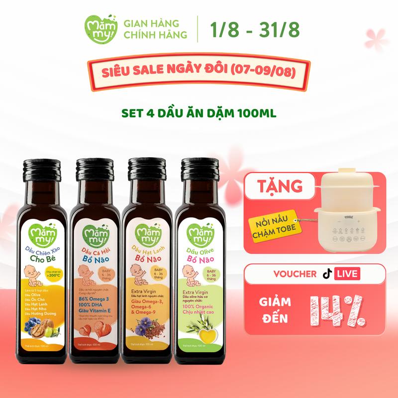 Combo 4 Chai Dầu Ăn Dặm Bổ Não MĂMMY (Cá Hồi Nauy, Hạt Lanh Trung Đông, Olive Ý, Chiên Xào) Bổ Sung DHA, Omega Giúp Cho Bé Từ 6 Tháng Phát Triển Trí Não, Chai 100ml [TB]