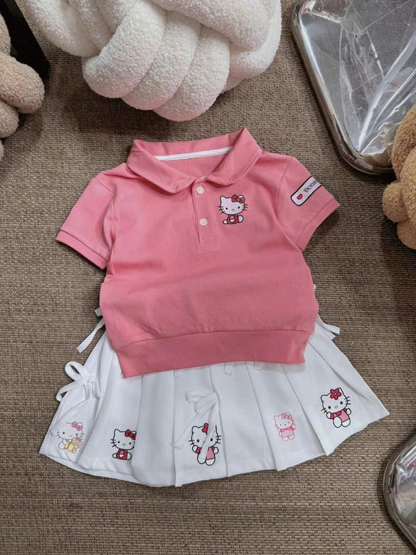 Set Áo Thun Cổ Sen Hồng Đậm Bo Kitty Kèm Chân Váy Xli Trắng Nhiều Nơ 87T Dành Cho Bé Gái