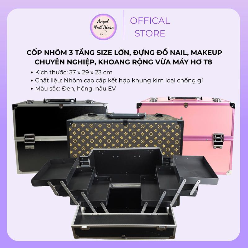 Cốp nhôm 3 tầng đựng nail mi size to cao cấp - Cốp đựng đồ trang điểm phun xăm thẩm mỹ đựng vừa máy hơ T8 T9 T10  37x29x23cm    Bag 