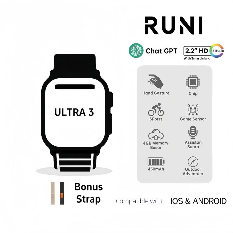 RUNI WATCH Ultra 3 AMOLED Screen HD Display Smartwatch IP68 Waterproof ...