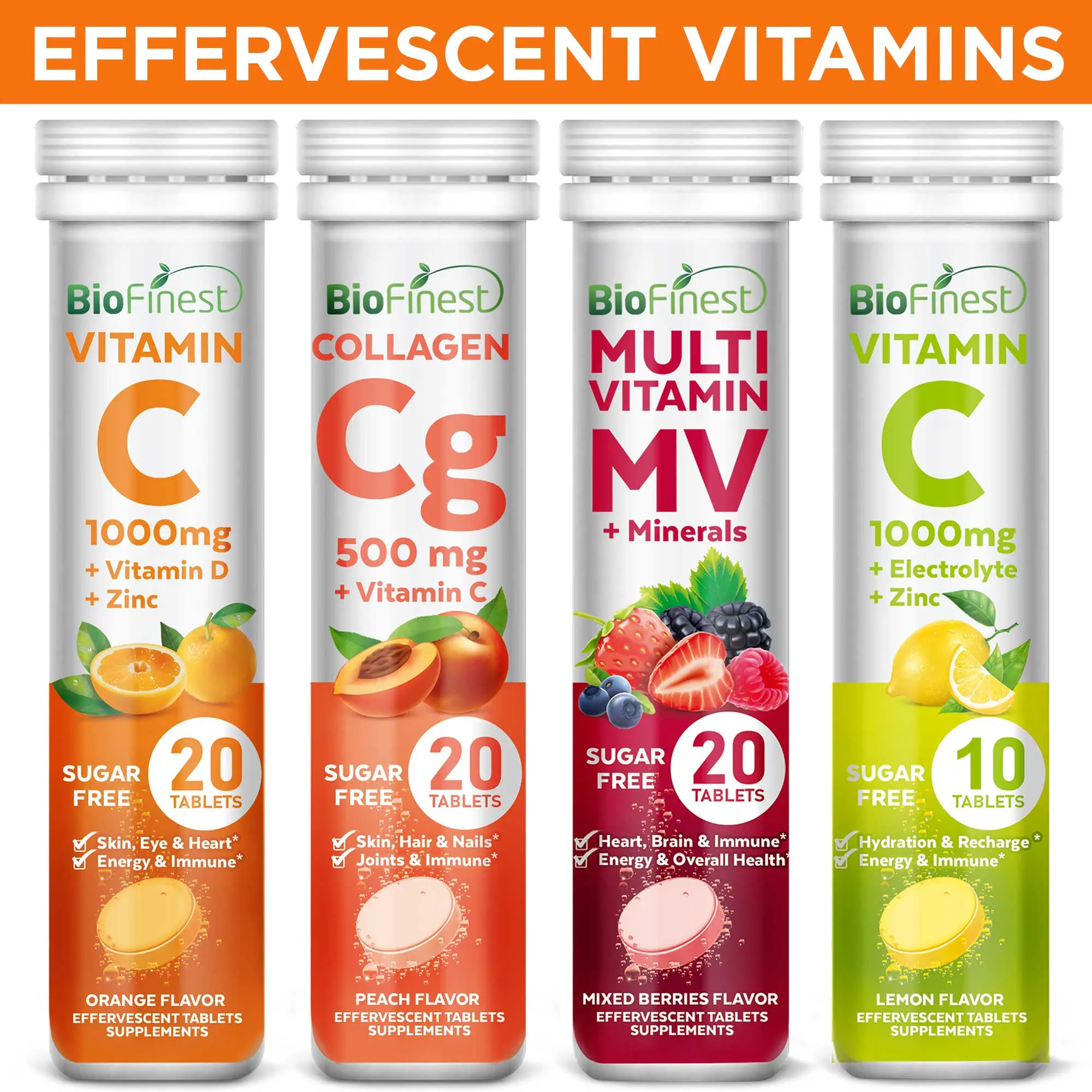 Biofinest Effervescent Vitamin C 1000mg Supplement - Collagen, B, C, D, E Vitamins, Electrolytes, Calcium, Magnesium, Zinc - Sugar-Free for Immune, Hair, Skin, Joint, Energy & Hydration (10/20 Fizzy Tablets)
