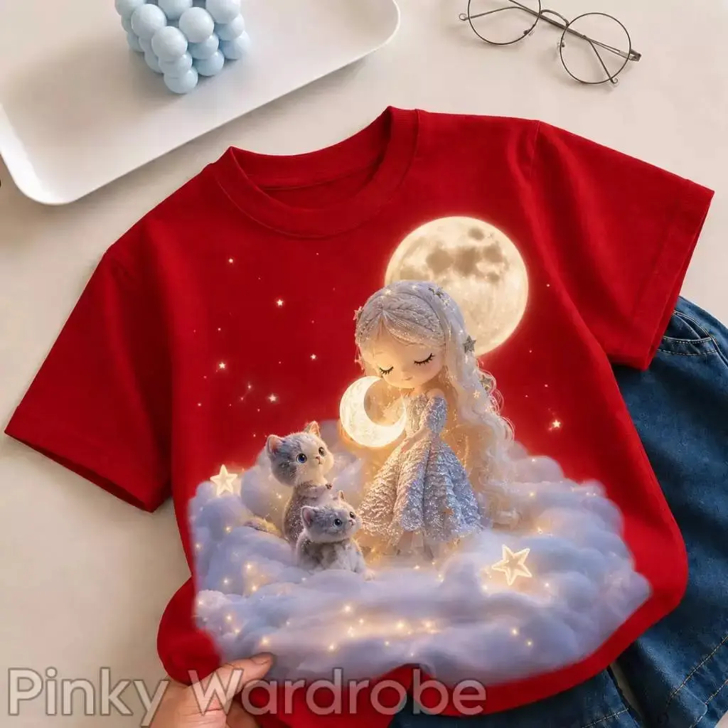Kaos Anak Perempuan Dreamy Moon Cat Aesthetic Lucu Glitter Premium