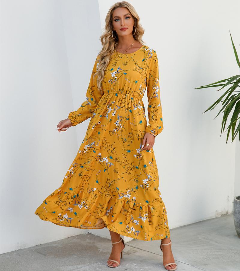 Product Introduction of Cross-Border Foreign Trade Spring and Autumn Floral Chiffon Dress Waist-Controlled Slimming Long Sleeve round-Neck Long Printed Dress Women's 27