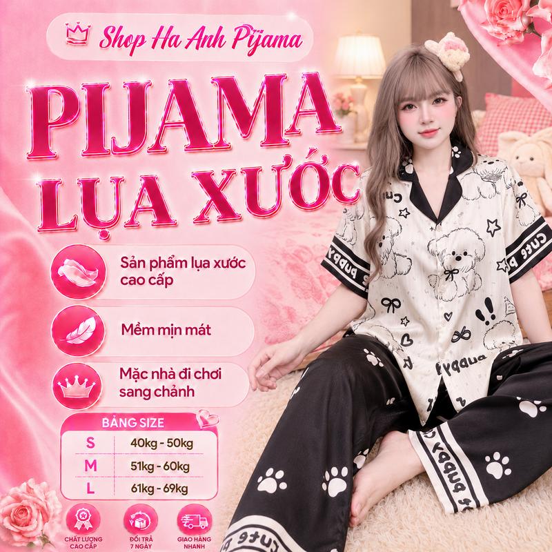 Bộ Pijama Nữ Lụa Xước Họa Tiết Cún Cute Đồ Ngủ Mặc Nhà Nữ Dễ Thương Mát Mịn