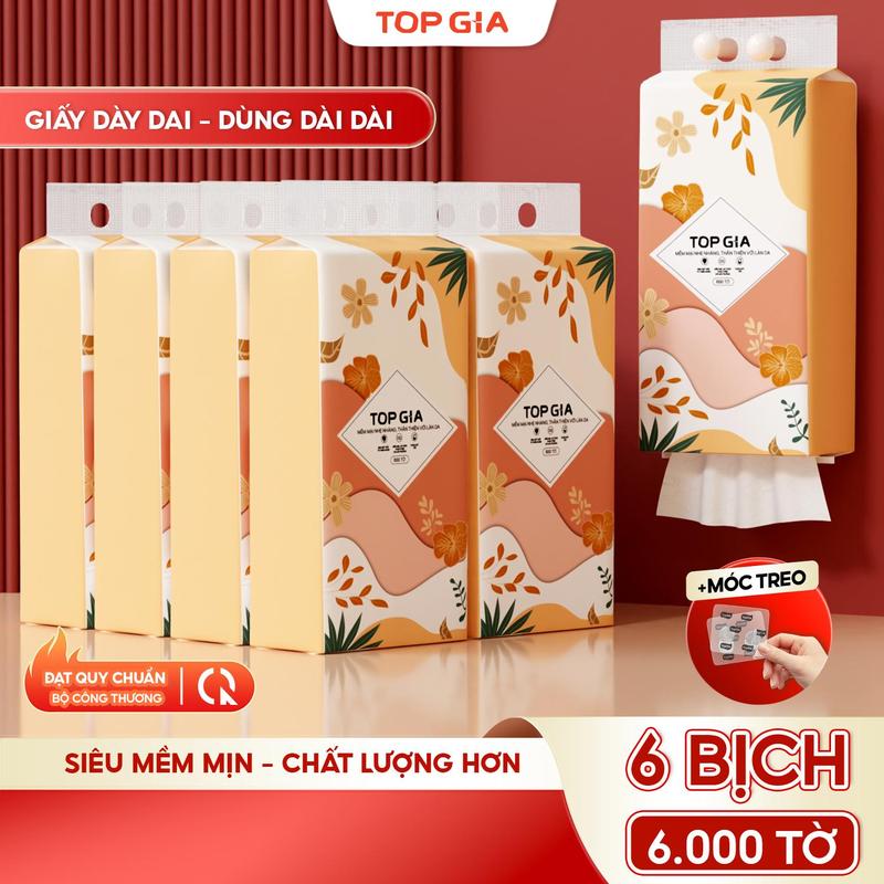 SIÊU MỀM MỊN - TIỆN LỢI DEAL COMBO 6 BỊCH Khăn Giấy Tiểu Hạ TOP GIA 4 Lớp Mềm Mịn Thành Phần Bột Gỗ Tự Nhiên Thân Thiện An Toàn 6.000 Tờ – 4 Lớp Nhiều Tờ Hơn Dai Đanh Mềm Mịn – Tặng 2 Móc Treo ĐẠT QUY CHUẨN CỦA BỘ CÔNG THƯƠNG VTG86