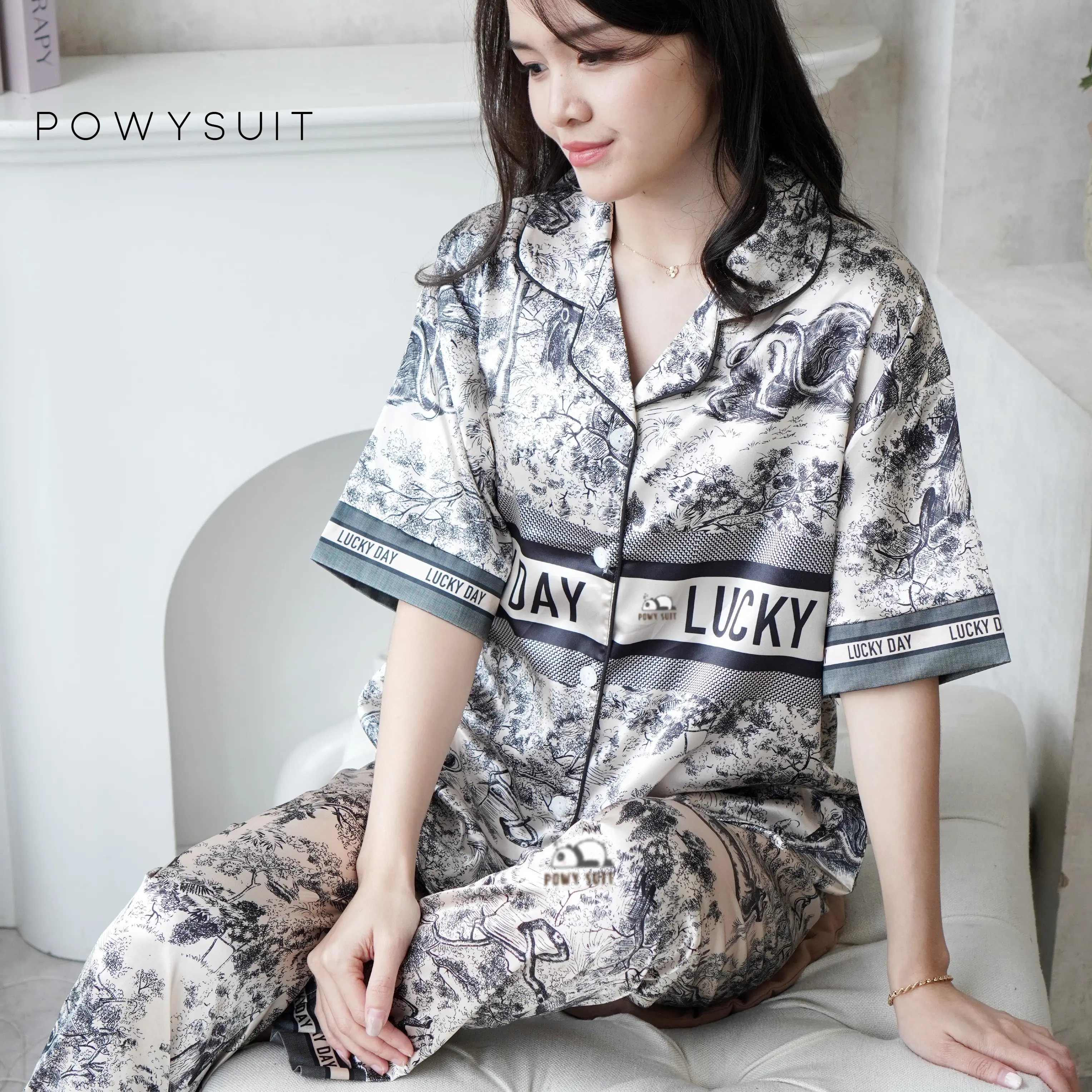 ST41 Lucky Day Piyama Satin Powysuit Baju Tidur Wanita Lengan Pendek Celana Panjang lembut Katun Setelan Dewasa